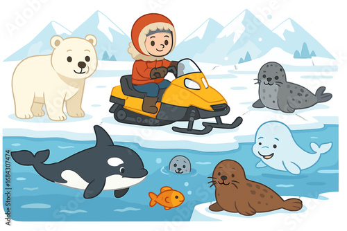 Cute cartoon arctic animal set with Inuit child on snowmobile. Polar bear, orca, seal, and beluga whale in winter snow landscape. North pole wildlife expedition vector illustration.