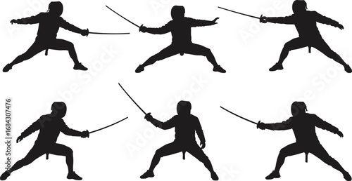 Silhouettes of fencers with swords, martial arts fighters in combat poses, duel training illustration vector, fencing sport action, black sword fighting design