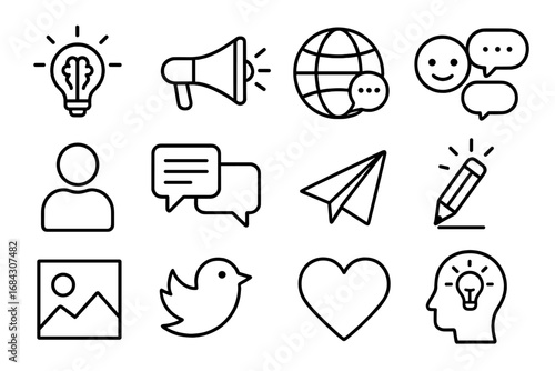 Communication and creativity line icon set. Social media, marketing, and idea generation outline icons. Vector symbols for web, mobile app, and digital advertising.
