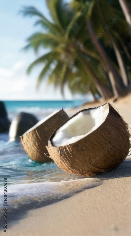 custom made wallpaper toronto digitalTranquil Coastal Scene: Two Coconuts on Sandy Beach with Palm Trees, Fresh and Unripe Coconut, Light Blue Water