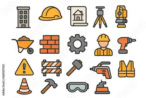 Construction and safety filled icon set. Building, architecture, and engineering collection. Vector graphic of tools, worker, hard hat, blueprint, and equipment for web design.