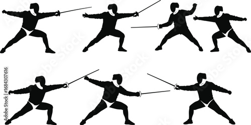 Silhouettes of fencers in action, fencing athletes with swords, duel combat vector illustration, martial art sport, competition training design, black fencing silhouette