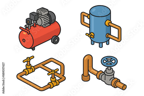 Compressed air utility icon set. Isometric flat vector illustration of industrial equipment. Air compressor, pressure tank, receiver, piping system, and pipeline valve icons.
