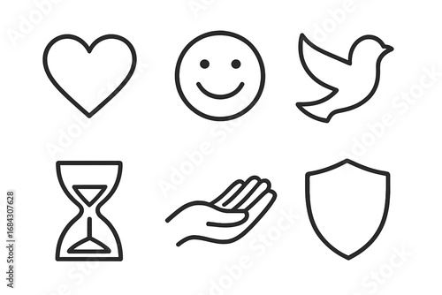 Minimalist line icons set. Charity, peace, love, time, security concepts. Heart, happy smile, dove, hourglass, helping hand, shield. Vector graphic for UI UX design elements.