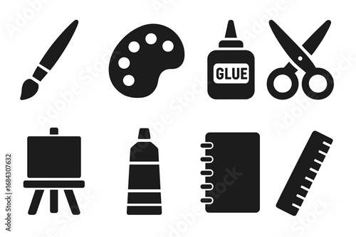 Art and craft solid glyph icon set. Creative hobby and DIY project supplies. Paintbrush, palette, glue, scissors, easel, canvas, paint tube, notebook, ruler. Vector symbols.