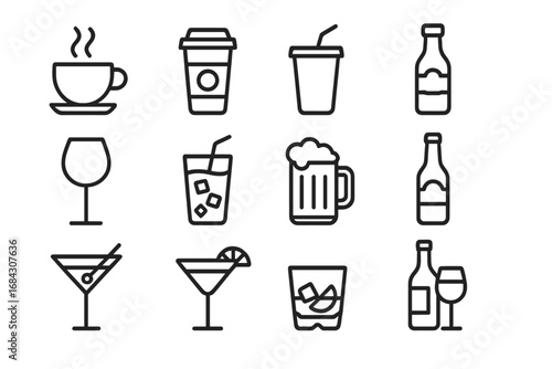Drink and beverage line icon set. Coffee, beer, wine, cocktail, and soda symbols. Minimal vector outline icons for bar, cafe menu, or app design. Editable stroke.