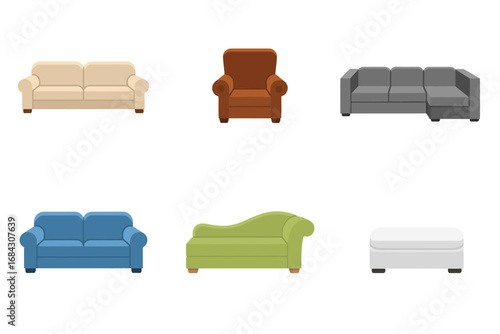 Living room sofa vector illustrations, three seat couch loveseat armchair designs, modern upholstery styles, interior furniture decor graphics