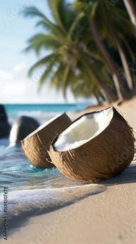 Wallpaper Mural Tranquil Coastal Scene: Two Coconuts on Sandy Beach with Palm Trees, Fresh and Unripe Coconut, Light Blue Water Torontodigital.ca