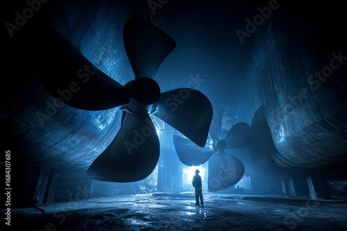 Silhouetted worker amidst massive ship propellers in a dark, industrial interior