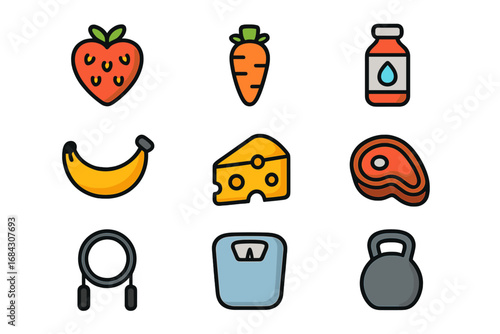 Food and fitness icon set. Healthy lifestyle concept. Nutrition, diet, and sport symbols. Vector collection for gym, workout, and weight loss. Healthy eating graphic elements.