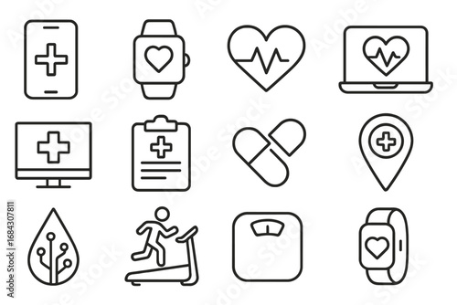 Health technology line icon set. Medical, digital, fitness concepts. Vector outline icons for healthcare, telemedicine, heart rate, mobile health, pharmacy, sport and wellness.