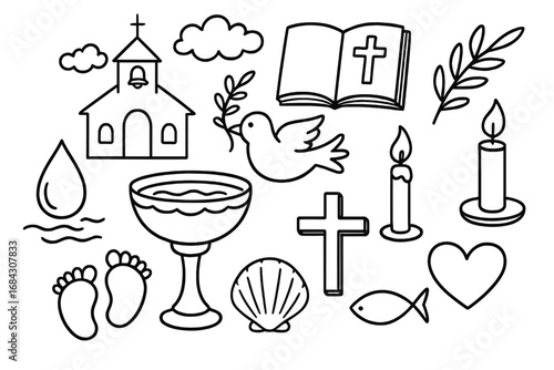 Baptism symbols doodle collection. Christian faith vector line art icons. Church, bible, holy cross, dove, chalice, candle and shell for christening or religious ceremony.