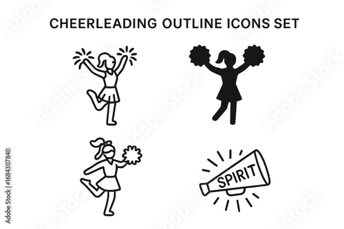 Cheerleading icons set with linear and silhouette styles. Vector symbols of cheerleaders with pom-poms, dance poses, and a spirit megaphone for team support illustration.