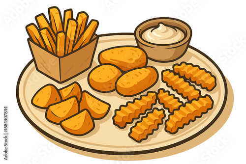 Vector cartoon illustration of a crispy fried potato platter. Assortment of french fries, crinkle-cut fries, and wedges with a creamy dip. Fast food snack or appetizer concept.