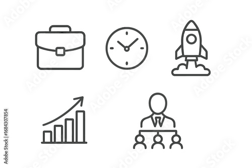 Business line icon collection. Modern universal symbols for startup, growth, management, career, analytics. Vector pictograms of rocket, chart, clock, briefcase, team.
