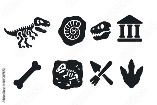 Dinosaur archaeology solid icon set. Paleontology concept with fossils, bones, T-Rex skeleton, and museum artifacts. Excavation tools and footprint vector glyph collection.