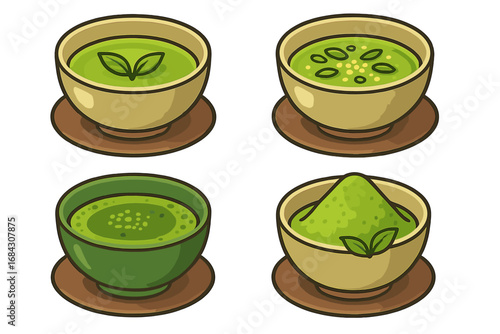 Japanese green tea and matcha set. Vector icons of traditional chawan bowls with sencha, genmaicha, and frothy matcha tea. Concept for tea ceremony, asian culture, and cafe.