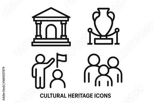 Cultural heritage preservation icon set. Linear icons for history, museum exhibit, and guided tours. Vector symbols for tourism, ancient artifacts, and historic buildings.