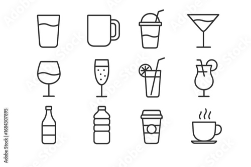 Beverage line icon set for drinks and liquids. Vector symbols for cafe, bar menu. Editable stroke. Coffee, tea, alcohol, cocktail, juice, soda, water, wine, beer, smoothie.