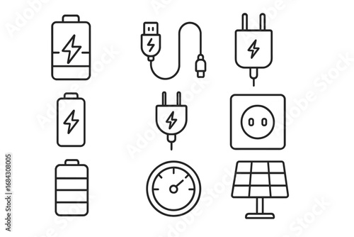 Energy and power line icon set. Contains editable stroke vector icons of battery, charger, usb cable, plug, socket, and solar panel. Electricity and renewable energy concept.