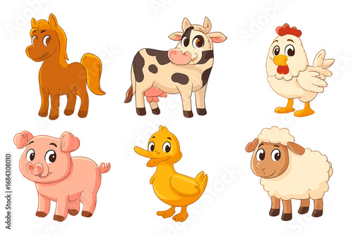 Cute cartoon farm animals set. Adorable vector characters collection with horse, cow, pig, sheep, duck, chicken. Funny domestic animal illustration for kids and babies.