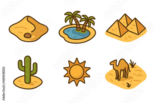 Desert and oasis vector icons set. Isometric cartoon graphics collection with Sahara dune, camel, pyramid, cactus, sun, and palm trees. Egypt travel and nature symbols.