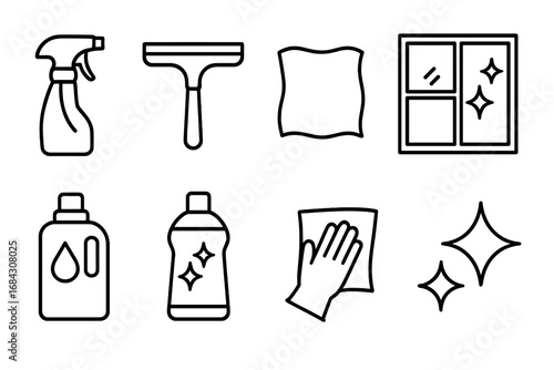 Cleaning tools icon set. Outline style symbols for home or office cleaning service. Vector icons of spray bottle, squeegee, cloth, window, detergent, polish, sparkle.