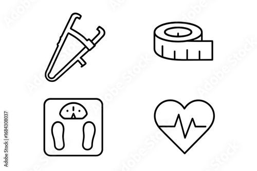 Health assessment icon set. Fitness and wellness line icons. Body fat caliper, tape measure, weight scale, heart rate monitor symbols for diet, weight loss, and medical checkup.