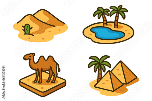 Desert and oasis isometric icons set. Sahara cartoon vector graphics collection. Camel, pyramids, sand dunes, and palm tree illustrations for travel, tourism, or nature assets.