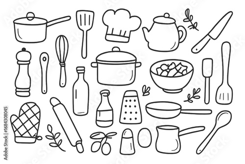 Kitchenware doodle set. Hand drawn cooking utensils collection. Vector line art illustration of kitchen equipment for food preparation. Culinary tools, chef hat, pot, pan icons.