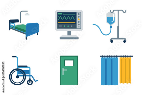 Hospital care vector illustrations, patient bed monitor iv drip wheelchair door curtain icons, room essentials, medical supply graphics