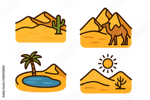 Desert and oasis icon set. Vector cartoon graphics collection with camel, sahara dunes, cactus, palm tree and sun. Travel and nature landscape symbols for design element.