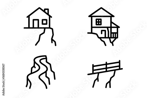 Cliffside settlement outline icon set. Features stone cottage, house with wooden balcony, winding mountain path, and cliff edge railing. Vector line icons for web, UI, infographics.