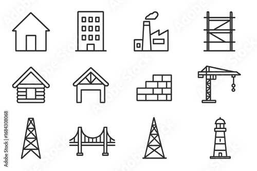 Construction line icon set. Building, real estate, architecture symbols. House, factory, crane, bridge, tower pictogram collection. Thin outline vector icons with editable stroke.
