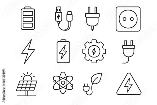 Energy line icon set. Electricity and power concept. Includes battery charge, plug, socket, USB cable, solar panel, atom, eco leaf, voltage symbol. Editable stroke vector icons.