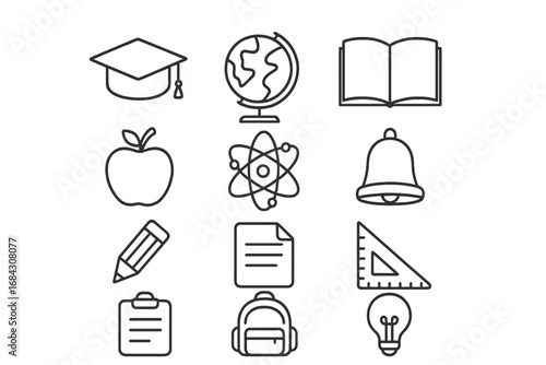 Education line icon set. School, study, and learning concept. University and knowledge symbols. Graduation cap, book, globe, science atom, and lightbulb vector icons.