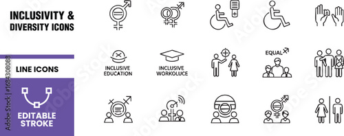 Inclusivity and diversity icons vector line icons of gender equality, race, culture, religion, and ability editable stroke graphic design elements for web, print, and presentation