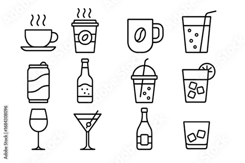 Beverages line icon set with coffee, soft drinks, beer, wine, cocktails. Minimalist vector pictogram collection for cafe or bar menu. Editable stroke drink and alcohol symbols.