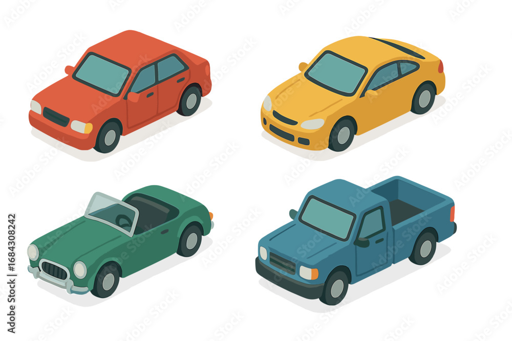 Isometric car vector icon set. Collection of die-cast toy cars in flat design. Miniature automobile models including sedan, sports coupe, vintage convertible, and pickup truck. Isometric car vector icon set. Collection of die-cast toy cars in flat design. Miniature automobile models including sedan, sports coupe, vintage convertible, and pickup truck.