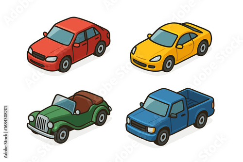 Die-cast car icons set. Isometric flat vector illustration of various toy cars. Miniature sedan, sports coupe, vintage convertible, and pickup truck. Cartoon auto collection.