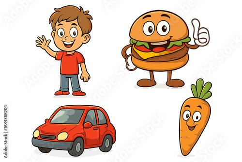 Vector cartoon set with cute characters and objects. A happy boy waving, a hamburger mascot giving a thumbs up, a red car, and a smiling carrot. Isolated illustration collection.