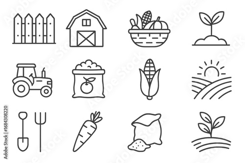 Agriculture line icon set. Farm and harvesting concept. Farmer, barn, tractor, crop and food symbols. Rural cultivation and organic production. Editable stroke vector graphics.