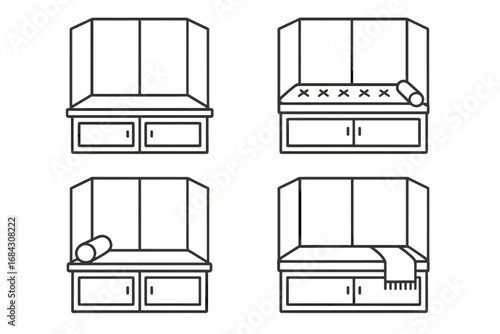 Bay window bench outline icon set. Home interior furniture with built-in storage. Vector illustration of a cozy seating nook with a tufted cushion, bolster pillow, and throw.