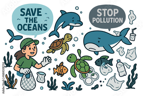 Save the oceans, stop pollution concept. Volunteer cleaning plastic waste. Marine life conservation with sad whale, turtle, dolphin. Environmental protection activism vector.