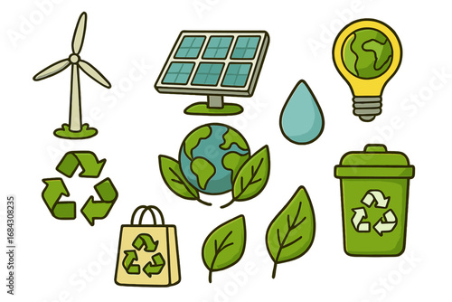 Eco friendly icons set for environmental awareness. Renewable energy sources and sustainable practices. Green planet, ecology, recycling, solar and wind power vector illustration.