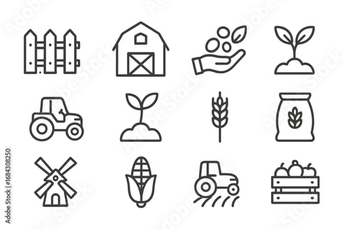 Agriculture and farming line icon set. Farm life collection with tractor, barn, windmill, and harvest symbols. Editable stroke vector icons for web, app, and rural design.
