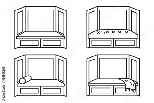 Bay window seat line icon set. Built-in bench furniture for home interior design. Cozy reading nook with tufted cushion, bolster pillow and decorative throw. Vector outline.