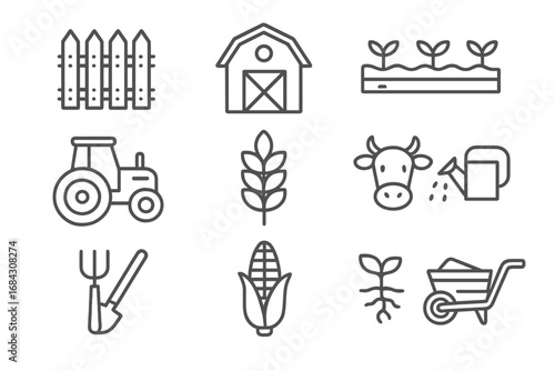 Agriculture and farming line icon set. Farm life outline symbols for web and apps. Vector graphic of tractor, barn, cow, harvest, corn, wheat, garden tools, and plants.