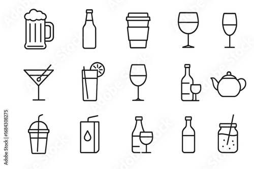 Beverage and drink line icon set. Vector symbols for bar, cafe, restaurant menu. Editable stroke icons of beer, wine, coffee, juice, tea, cocktail, soda for web and apps.