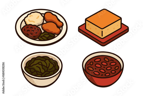 Soul food icon set with fried chicken, cornbread, collard greens, and baked beans. Isometric vector illustration of traditional Southern and African American cuisine for menu design.